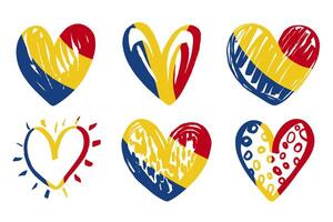 Romania heart shape grunge flag icons set. Flag heart shaped brush strokes for national Day of Romania. Independence day grungy Romania heart flag icon set isolated on white background vector