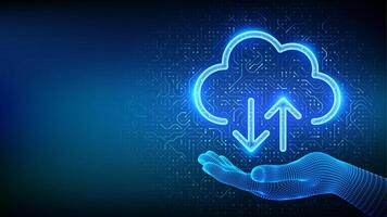 Cloud computing service. Cloud icon in wireframe hand. Secure Cloud Storage. Database storage, Data centerUpload download app. Circuit board pattern. PCB printed circuit texture. vector