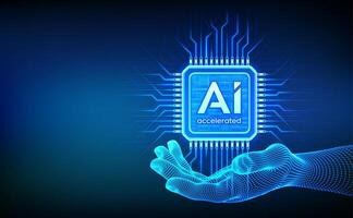 AI chip with the inscription AI Accelerated in wireframe hand. CPU microchip. Concept of artificial intelligence technology. AI accelerated processor chip. Machine learning. illustration. vector