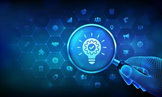 Innovation. Business innovative idea and solution technology concept with magnifier in wireframe hand and icons. Creative Idea, inspiration. Brainstorming. Creative Thinking. illustration. vector