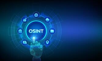Open source intelligence. OSINT. Open data access. Open source analysis. Cyber analytics. Data gathering. Open data database. Wireframe hand touching digital interface vector