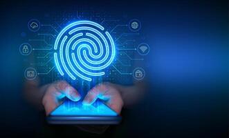 Fingerprint scan on a smartphone. Personal Data protection concept. Cyber Security. Hologram fingerprint icon. Biometrics identification. Password control. Smartphone in hands. illustration. vector
