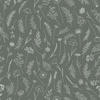 Wildflowers seamless pattern. Midsummer meadow herbs and flowers. Elegant floral print, thin line, trendy style design. Illustration of nature background for fabric, package, wrapping, prints. vector
