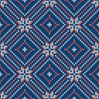 Scandinavian knitted seamless pattern. Norwegian native style sweater with snowflakes. Wool texture. Winter holiday background, red blue rhombus, illustration.