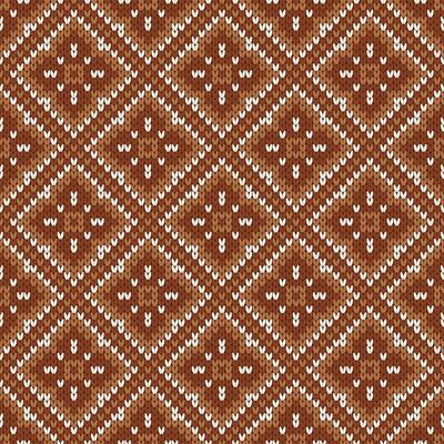 Christmas and New Year traditional knitted seamless pattern. Norwegian style sweater. Wool texture. Illustration with brown and white snowflakes. Holiday background.