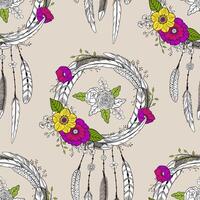 Seamless pattern with dreamcatchers and flowers. Boho style. Pattern for textile, packaging, greeting cards, invitations. Bohemian talisman. American native tribe amulet vector