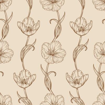 Floral seamless pattern with line art tulips. Beautiful graceful flowers with leaves. Retro decorative wallpaper, template for fashion design. Botanical print on beige background