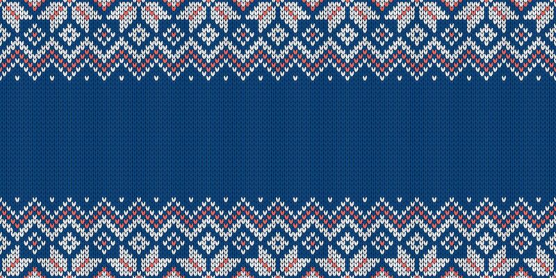 Knitwear texture. Template with empty place for text. Traditional seasonal seamless wide background for holiday design, border. Winter knitted sweater pattern with snowflakes. Christmas illustration.