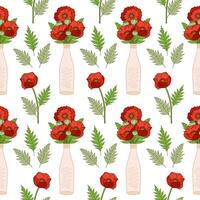 Seamless patterns in boho style with poppies in vases, leaves. Hand drawn elements. Summer. Floral pattern for textile, packaging, greeting cards, invitations, wedding decorations. Bohemian collection vector