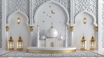 3d rendering of a white mosque with gold decorations photo