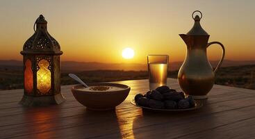 A table with a bowl of dates, a cup of milk, and a lamp photo