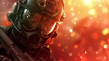 Futuristic soldier with tactical mask in bright bokeh light banner image. Cyber-military photo-realistic background blurred. FPS videogame. First person shooter concept copy space photo