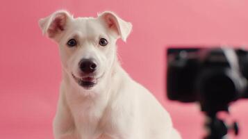 White dog posing for camera on pink background portrait image. Friendly puppy modeling on photoshoot photography animal studio shot. Canine pet influencer concept photo realistic