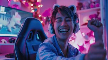 Excited japanese man gamer streaming in neon gaming setup portrait image. Online game. Cute male geek nerd photography human scene. Esport content creator concept photo-realistic photo