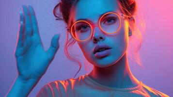 Young woman with glowing neon glasses in cyberpunk style portrait image. Round eyeglasses girl digital aesthetics photography human scene. Trendsetter influencer concept photo-realistic photo