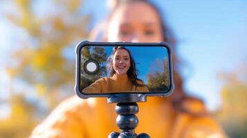 Woman in yellow sweater recording vlog in nature with smartphone image closeup. Female vlogger in front of cellphone close-up photography. Content creator concept photo realistic