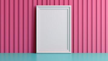 Vertical blank frame mockup against vibrant pink wall with textured paneling. Stylish minimal aesthetics template advertising image. Mock up branding product, marketing material photo