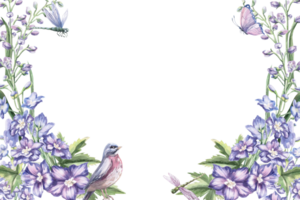 Rectangular frame with delphinium flowers, bird, dragonfly and butterfly. Isolated watercolor illustration for design of cosmetic products, calendars, booklets, posters. png