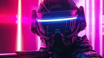 Futuristic soldier in cyber armor illuminated by intense neon lights image. High-tech combat photography scene photorealistic. FPS videogame. First person shooter concept photo realistic