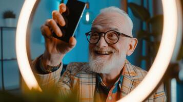 Elderly man using smartphone for social media content portrait image. Joyful senior guy in glasses, with mobile phone photography human scene. Content creator concept photo-realistic photo