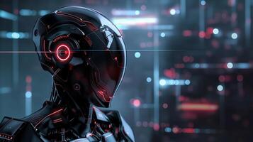 Sleek black cybernetic figure with glowing red detail image. Futuristic backdrop, advanced mechanical soldier photography scene photorealistic. Surveillance concept photo realistic