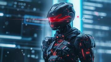 Red sensors combat robot within holographic battlefield image. Robotic fighter in digital war advanced unit photography scene photorealistic. Armored cyborg concept photo realistic