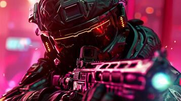 Cybernetic soldier with laser rifle image. Sci-fi warrior in cyber armor with augmented gear photography scene photorealistic. FPS videogame. First person shooter concept photo realistic