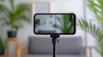 Smartphone on tripod recording in blurred modern home interior image closeup. Plants, sofa, vlogging setup close-up photography. Influencer content creation concept photo realistic