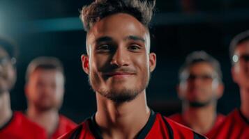 Pro esports team leader with confident look portrait image. Arab man in red jersey with teammates photography human scene. Leadership. E-sports cybersport concept photo-realistic photo