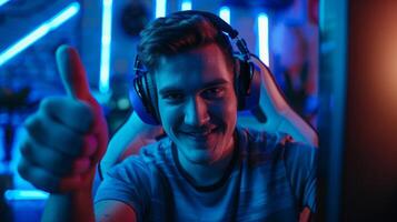 Professional gamer showing approval with thumb up portrait image. Pro player streamer headset setup photography human scene. Online personality cybersport concept photo-realistic photo