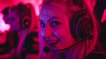 Happy female esports player with teammates in neon pink arena image closeup. Girl gamer participating in team tournament close-up photography. Competitive gaming concept photo realistic
