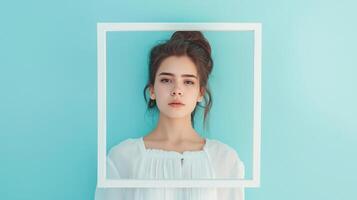 Minimalist portrait of young woman with white frame image. Soft blue background. Artistic photography human scene. Personal branding. Fashion influencer concept photo-realistic photo