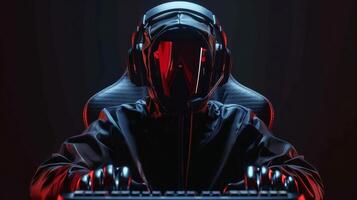 Mysterious gamer red-tinted helmet at command station image closeup. Cyber soldier typing keyboard close-up photography. Esports night. Futuristic cockpit player concept photo realistic