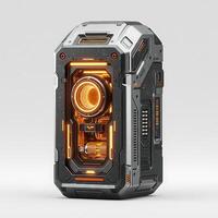 Futuristic Container with Glowing Core, Metallic Panels and Intricate Detailing photo