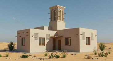 A small building with a clock tower in the desert photo