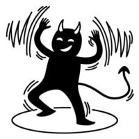 happy dancing devil with horns and tail playful black silhouette, joyful movement vector