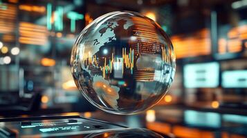Futuristic globe with real-time financial data, symbolizing fintech innovation. photo