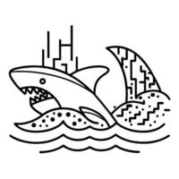 geometric shark design with abstract fin and waves, cityscape elements in line art vector