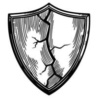 Cracked medieval shield illustration armor symbolizing vulnerability and strength black and white line art design vector