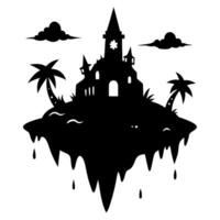 A castle is on top of a hill with a palm tree in the foreground vector