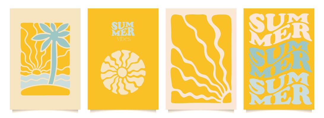 Trendy groovy palm tree beach sun sea cards set. Surf club vacation and sunny summer day in boho aesthetic. flat illustration background in trendy retro naive simple style.