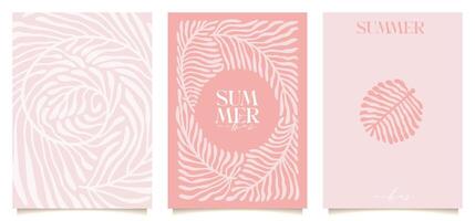 Minimalistic simple naive and hippie groovy style posters set - tropic plants, palm leaves design templates, frames and prints with copy space for text for covers, ad. boho illustration. vector