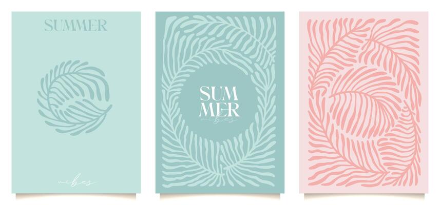 Retro groovy floral cards set in wavy and naive style. Organic shapes, vibrant palm leaves print for poster, social media or packaging. Botanic flat hand drawn illustration