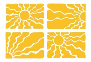 Retro Groovy Sun Set. Abstract Wave Rays in Trendy 70s Style. Boho Colorful Groovy Sun Psychedelic Vintage Background. Graphic Fun Hippie clipart. Abstract Summer Wallpaper. Flat hand drawn vector