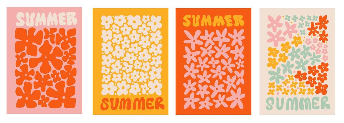 Hand drawn retro flowers. Hippie flowers set. 60s and 70s abstract flowers. Groovy nostalgic floral signs. A collection of colorful vintage plants.