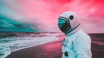 Astronaut standing on a beach at sunset photo