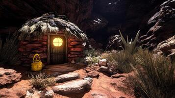A Stone Hut Illuminates A Desert Cave photo