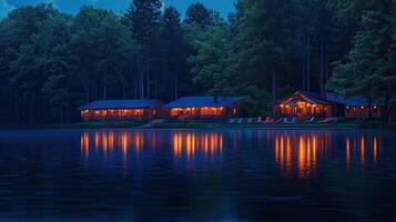 Illuminated Lakeside Cabins Nestled Within A Dark Forest photo