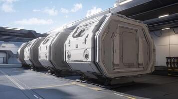 Futuristic Cargo Pods Aligned In A Spaceport Hangar photo