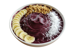 Delicious acai bowl with banana granola and coconut on png